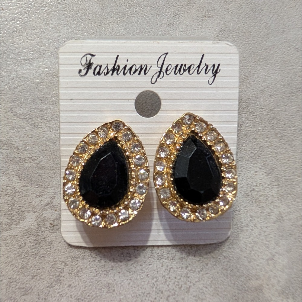 Gold Tone Teardrop Clip On Earrings Black With White/Clear Stones Costume